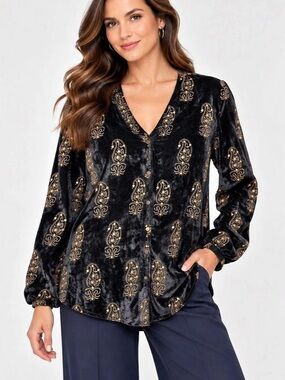 Soft Surroundings Black Velvet Gold Embroidered Paisley Blouse Top Women M